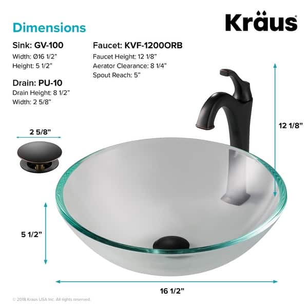 dimension image slide 3 of 5, Kraus Glass Vessel Sink, Bathroom Faucet, Pop Up Drain, Mounting Ring