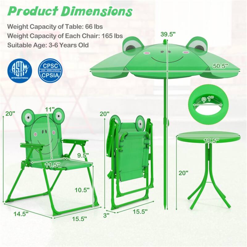 Kids Outdoor Picnic Table and Chair Set with Adjustable Umbrella Lion Pattern Foldable Table and Chairs for Ages 2-5