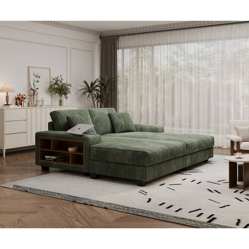 Convertible Combination Corduroy Sofa, Green, Wood Frame, 80x61x33 Inches