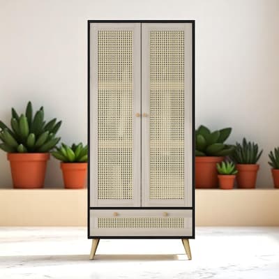 70.8" Tall Wardrobe Closet with Rattan Doors and Drawer, Boho Armoire Cabinet with Hanging Rod for Bedroom Storage