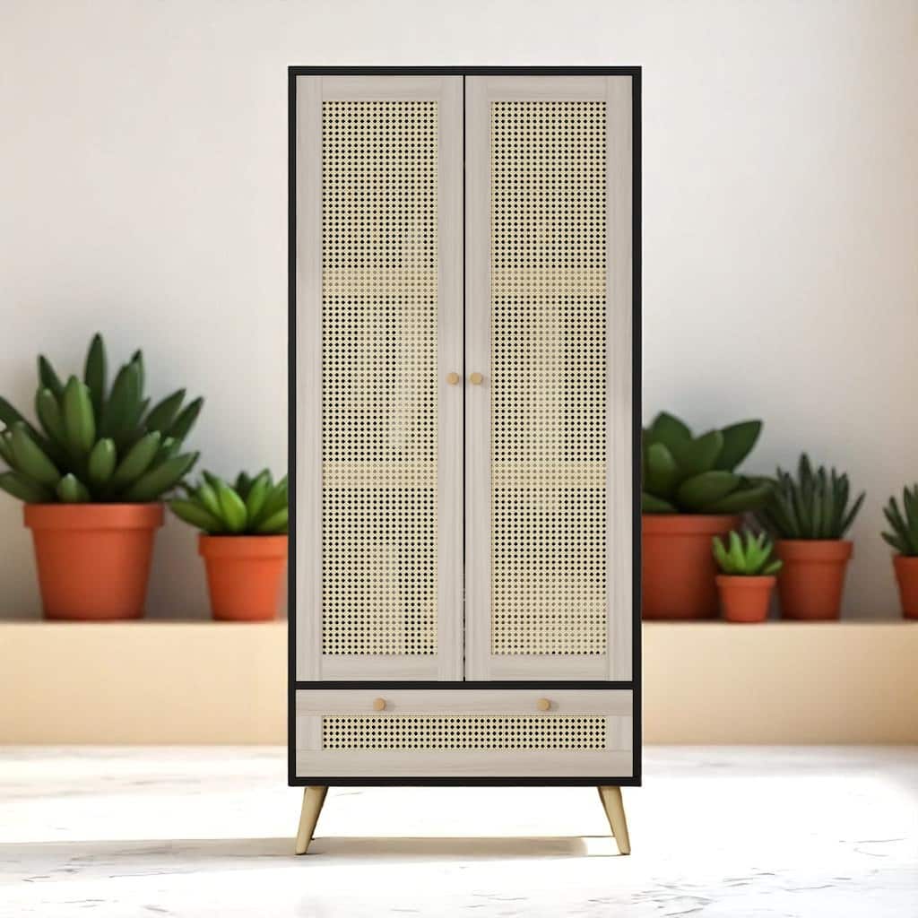 70.8" Tall Wardrobe Closet with Rattan Doors and Drawer, Boho Armoire Cabinet with Hanging Rod for Bedroom Storage