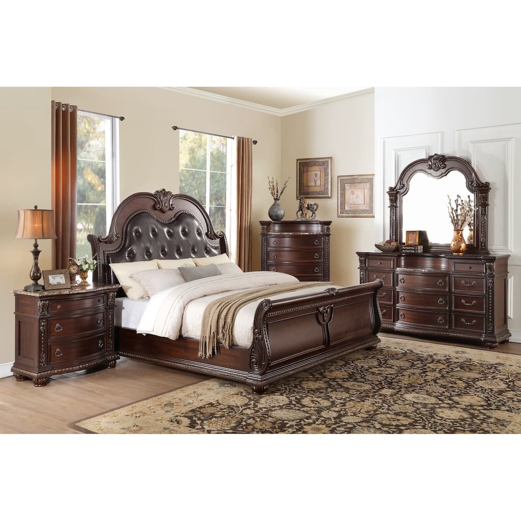 Traditional Luxury Bedroom Furniture Set Brown Bed Nightstand Dresser Mirror Chest Marble Top