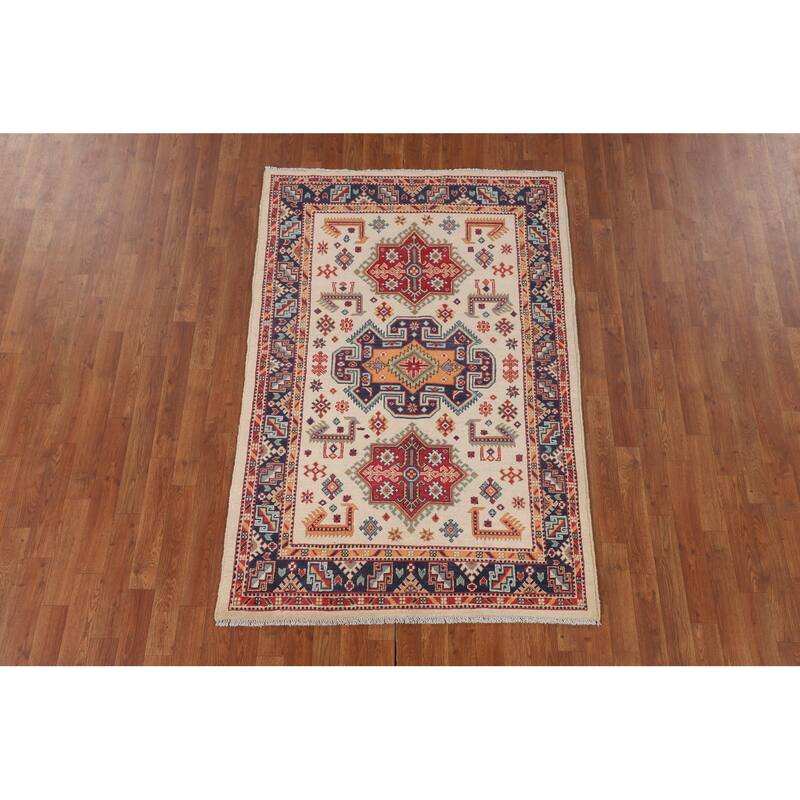 Kazak Area Rug Hand-Knotted Oriental Wool Carpet - 3'11" x 6'0"