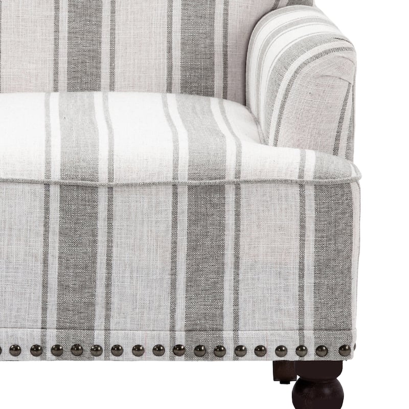 Set of 2 Stripe Linen Accent Arm Chairs with Nailhead Trim and Wood Legs