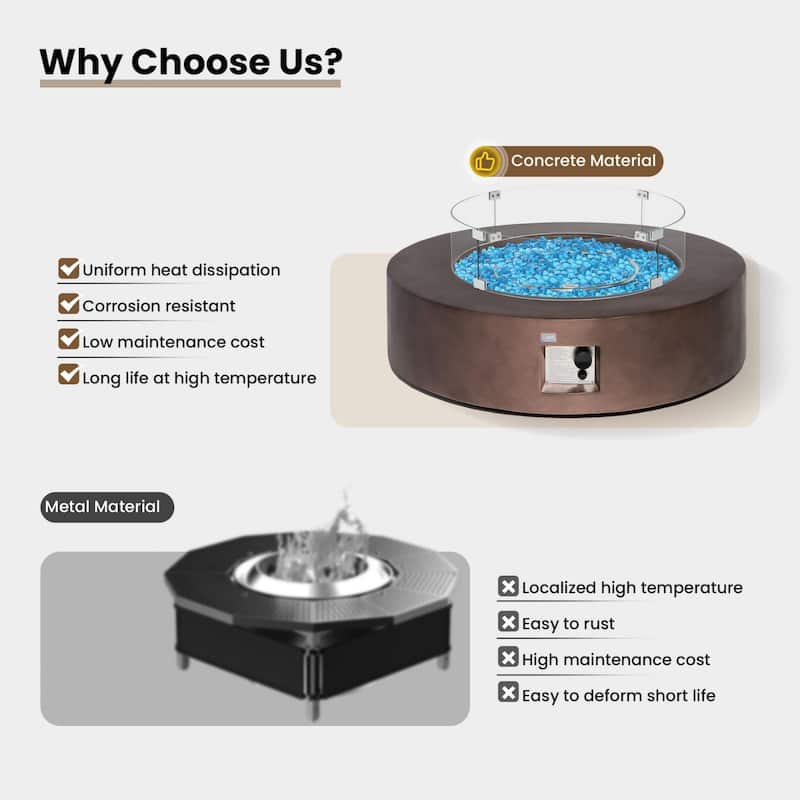 COSIEST 42'' Outdoor Round Propane Fire Pit w Wind Guard and Fire Glass