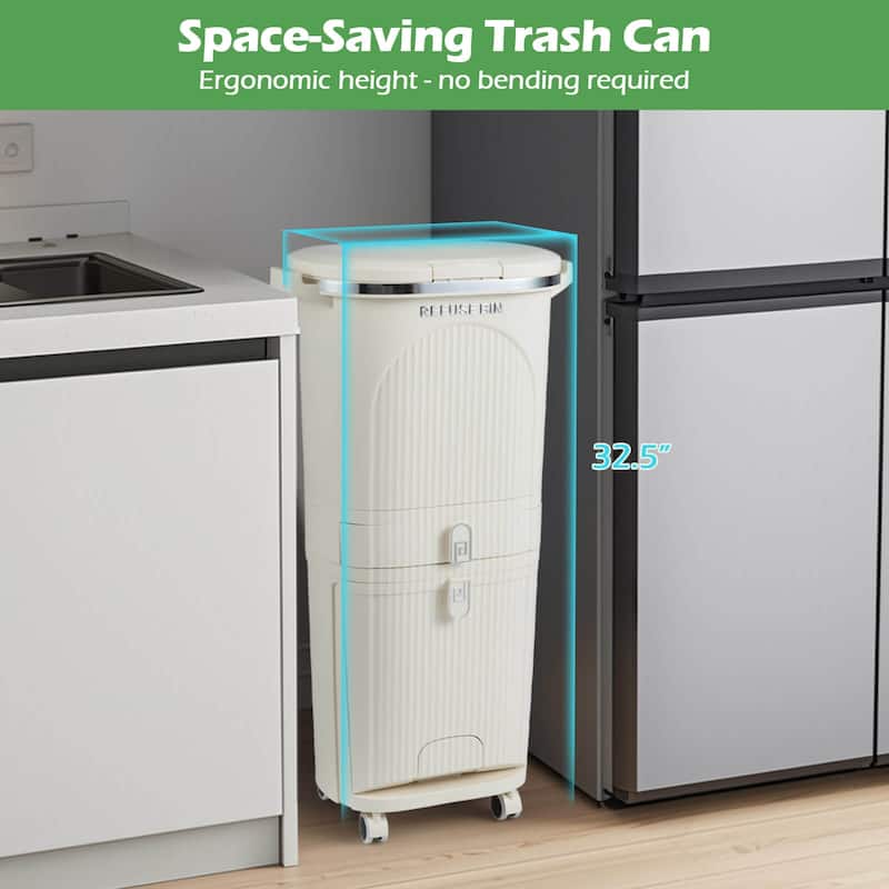 Costway 11 Gallon Kitchen Trash Can with Lid, 2 Removable Buckets, - Beige