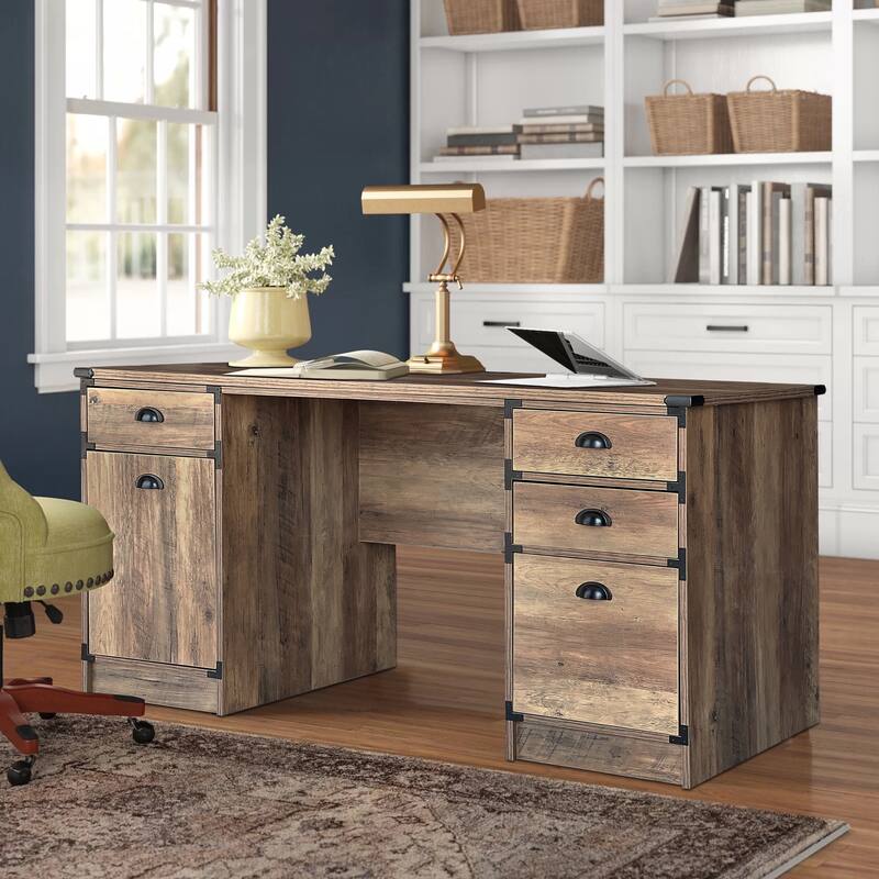 Brunei 59'' Wide 4 Drawer Wood Grain Farmhouse Computer Executive Desk in Rustic Oak - Oak