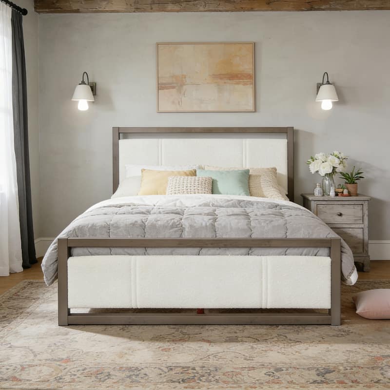 Christopher Knight Home - Wooden Frame Platform Bed with Ivory Boucle Fabric Headboard - Queen