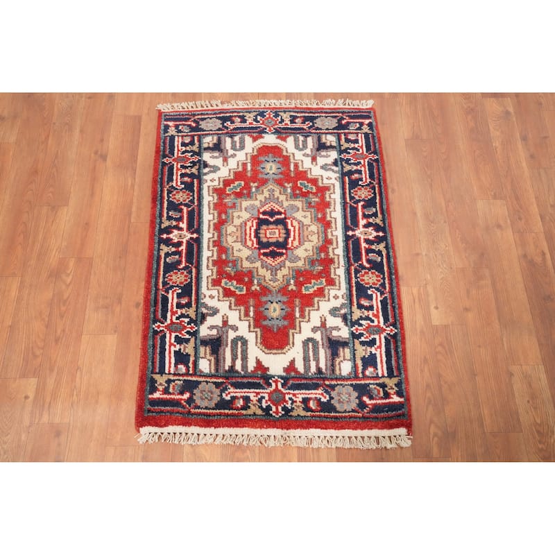 Hand Knotted Oriental 100% Wool Carpet Traditional Medallion Red Heriz (serapi) Area Rug - 3' 0'' X 2' 0''