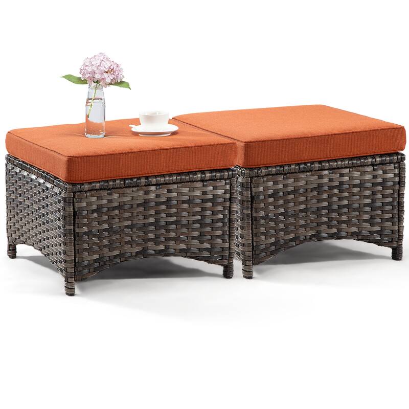 Cozywor 2-Piece Wicker Outdoor Patio Ottoman Set with Cushions