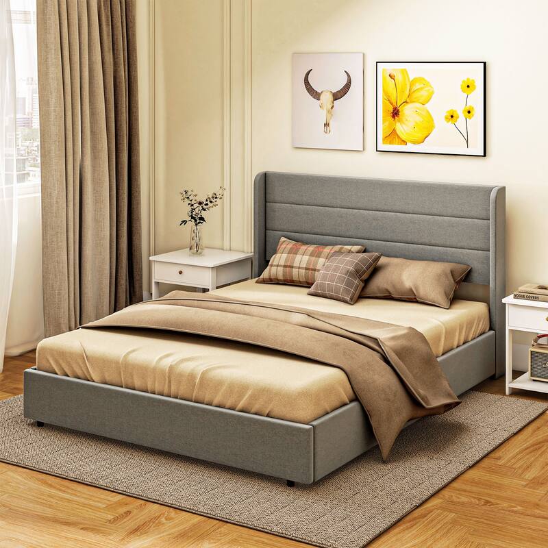 Upholstered Queen Bed Frame with Storage Drawers, Wood Slats Support, Noise-Free, Easy Assembly, Light Gray