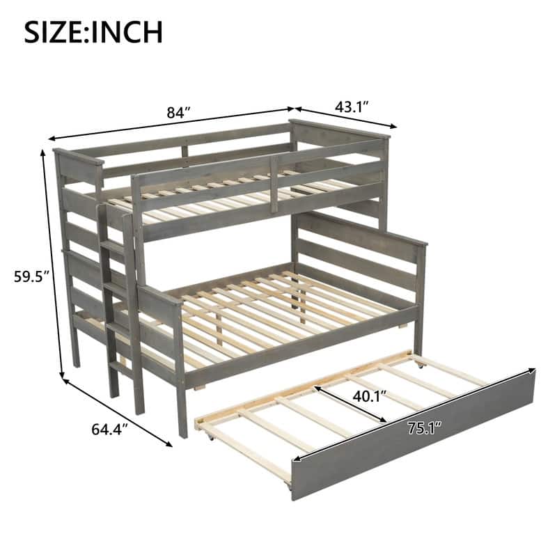 Wood Twin over Full Bunk Bed with Twin Size Trundle