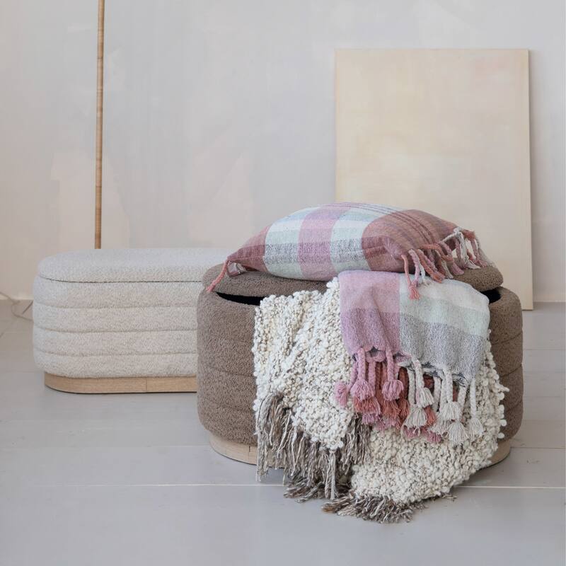 Fabric and Wood Upholstered Ottomans with Storage and Wood Bases - Brown/Cream - Large