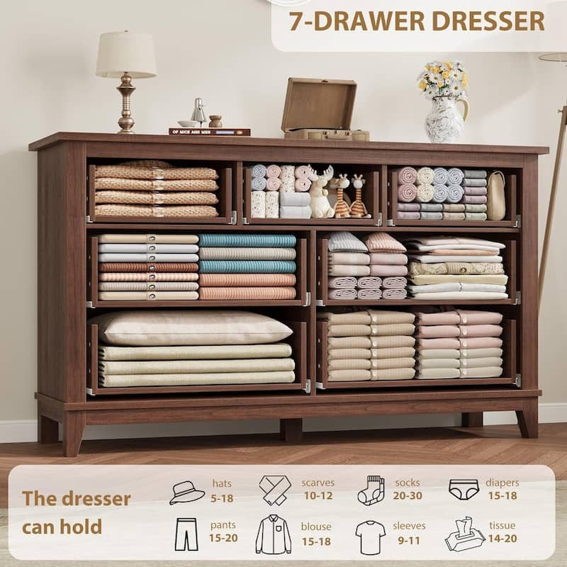 54 in 7 Drawer Wide Dresser with Storage for Living Room, Bedroom