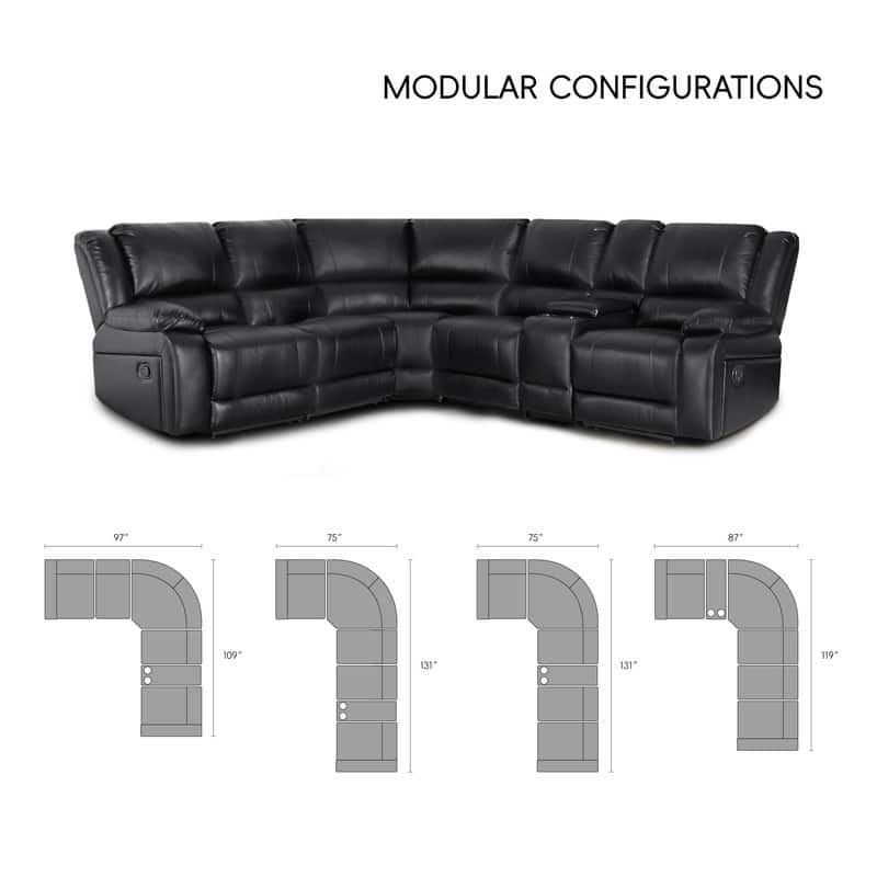 6PCS, 2 Manual Recliners, Faux Leather Reclining Sectional with Center Console