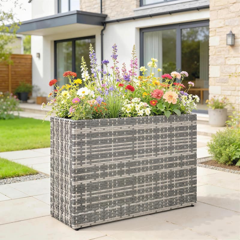 Outsunny Raised Garden Bed with Adjustable Foot Pads for Patio, Balcony, PE Rattan Wicker Planter - Grey