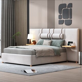 Full Size Platform Bed with 2 Outlets and USB Charging, Upholstered Bed with 2 Bedside Pillows, and Storage Shelves, Beige
