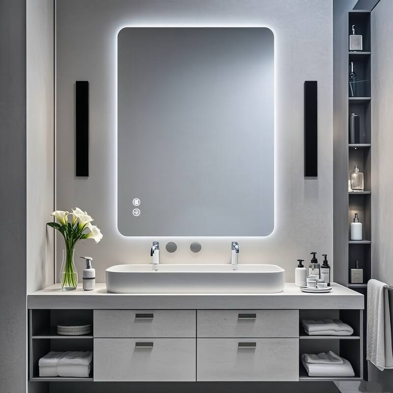 GDFStudio - Meridian Modern Rectangular Backlit Bathroom Wall Mirror, Adjustable LED Lighted, Memory & Aniti-Fog Function - Clear - 30" x 40"