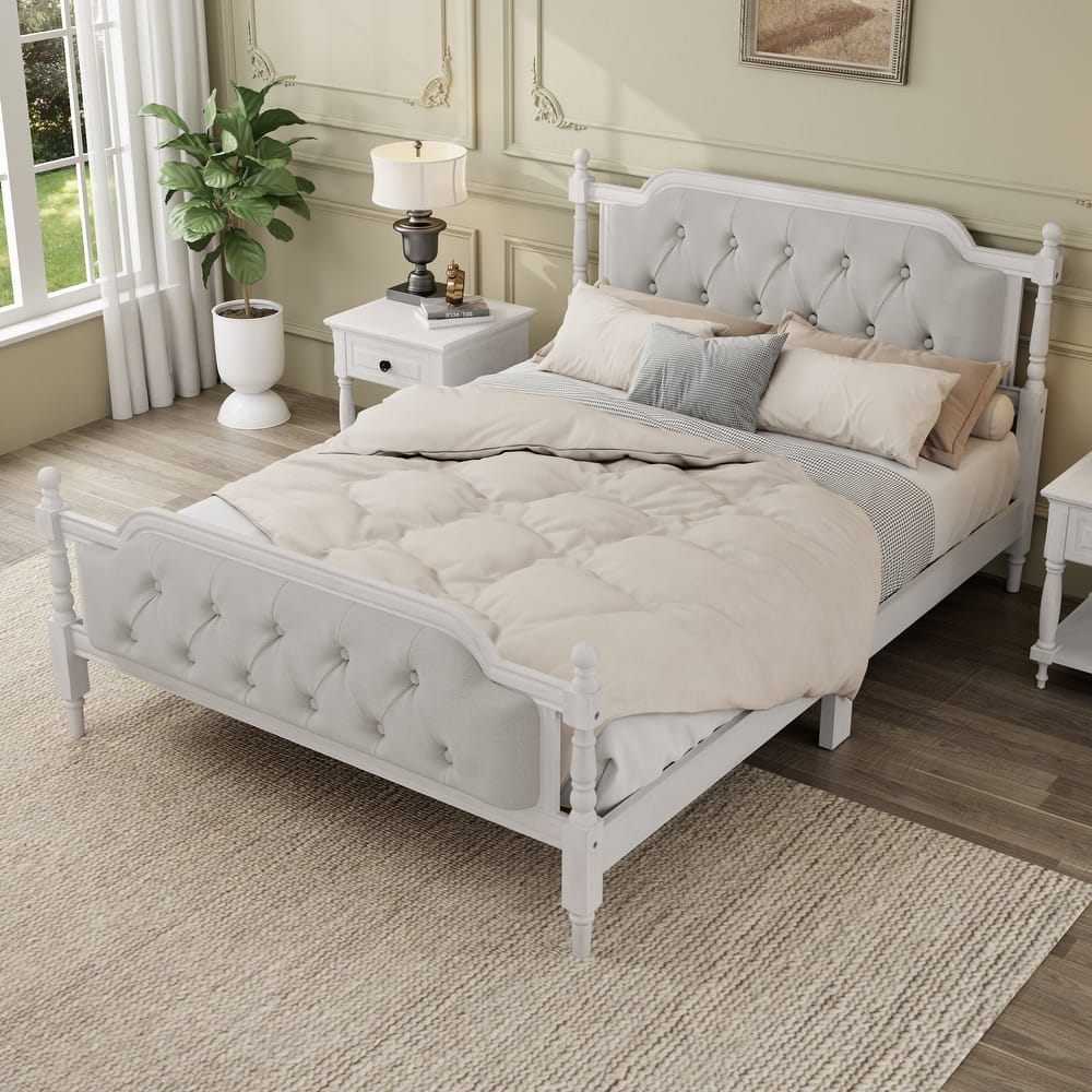 Wooden Platform Bed with Tufted Upholstered Headboard Footboard, No Box Spring Needed, Wood Slat Support Low Profile Bed