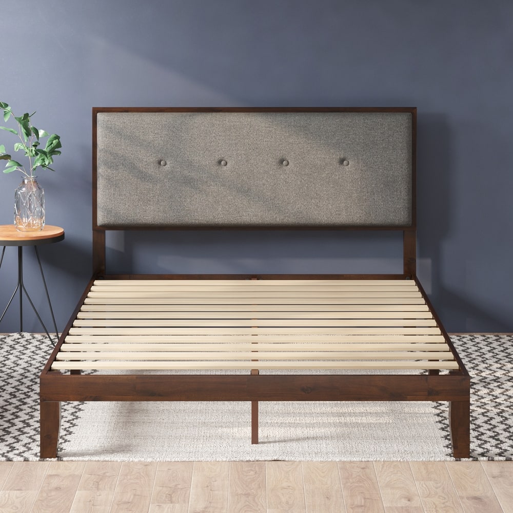 Priage by ZINUS Brown Wood Platform Bed Frame with Adjustable Upholstered Headboard