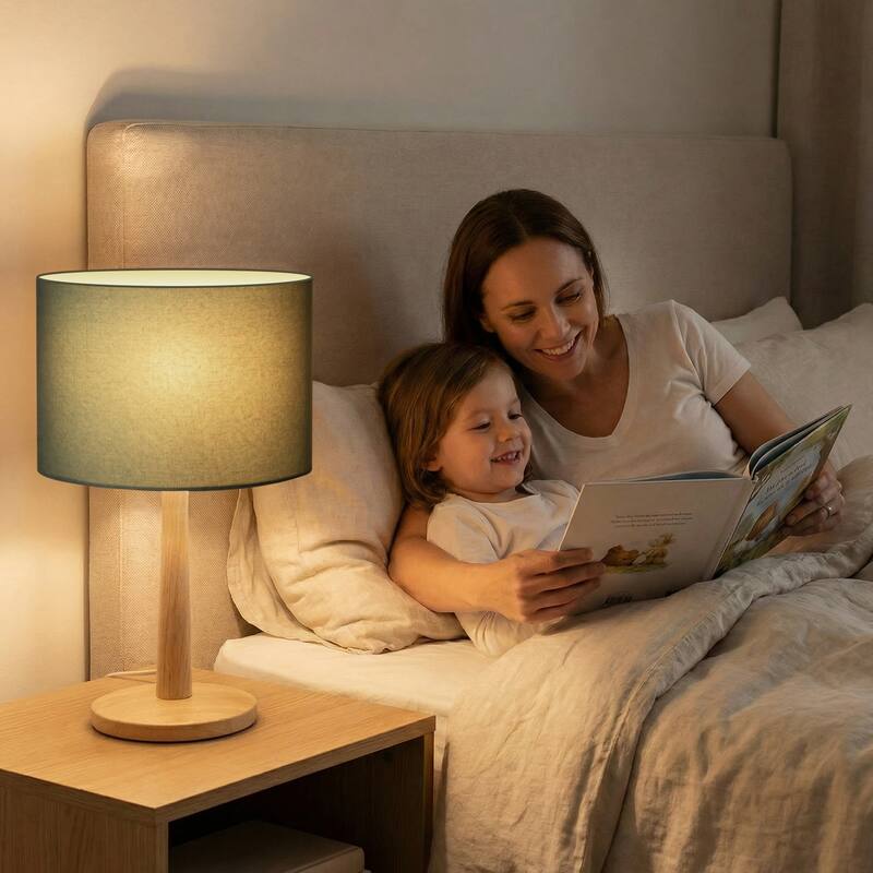 16.3 in. Modern Natural Wood Table Lamp with Linen Fabric Shade