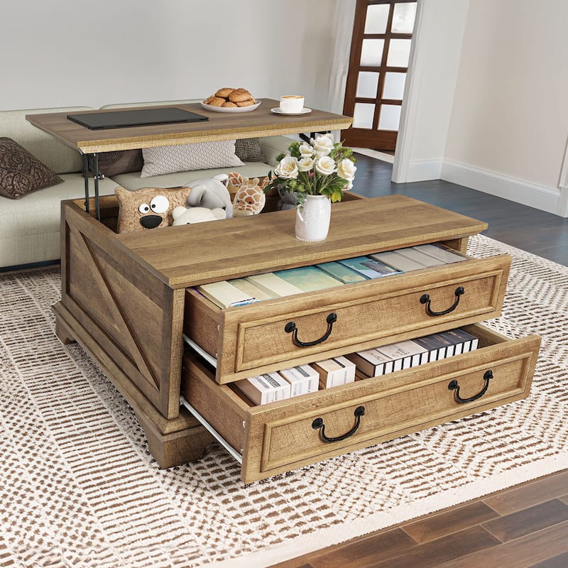 Moasis Lift Top Coffee Table Farmhouse Wood Central Table for Living Room with 2 Drawers and Hidden Storage Compartment - Brown
