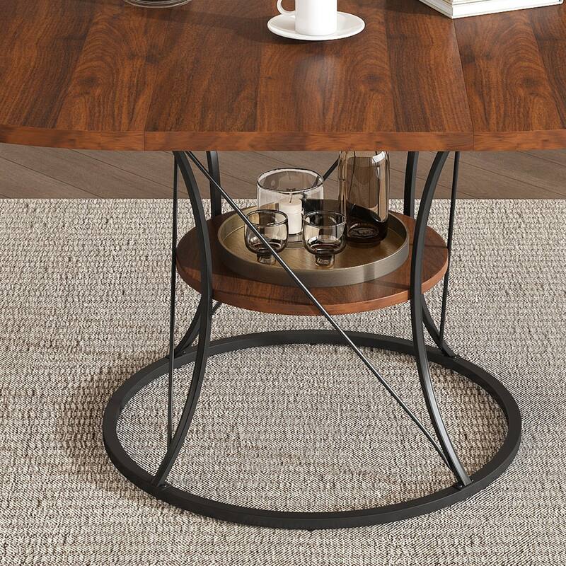 43.31" Round Extendable Wooden Dining Table with Storage Shelf and Metal Base