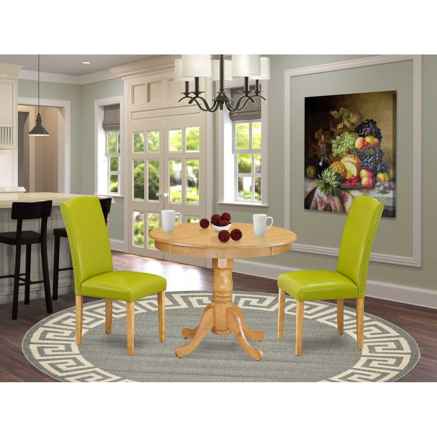 Round Dining Table Set - 36 Inch Table & 2 Chairs - PU Leather Seats - Autumn Green Finish