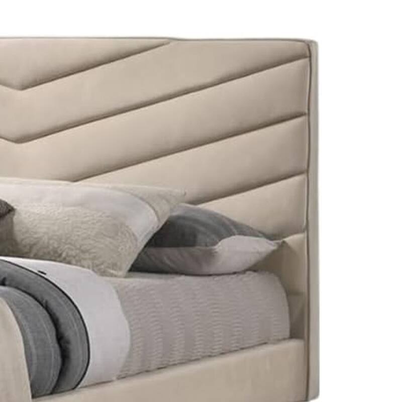 Vevy Full Size Bed, Chevron Tufted Beige Flannelette Upholstery