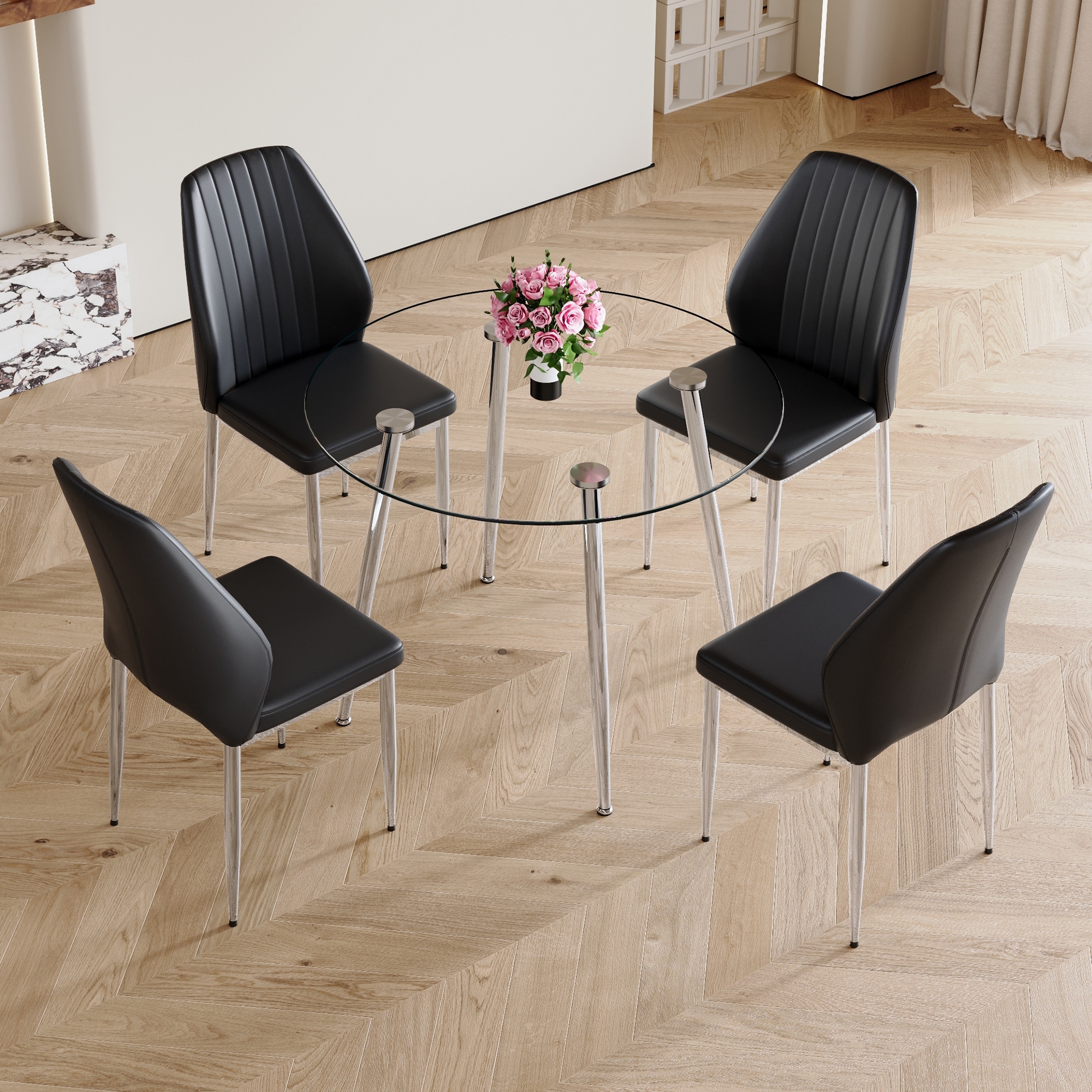 A 38.6 Inch Diameter Modern Round dining table with Transparent Tempered Glass top,A Set of 4 Black PU Comfort Dining Chairs