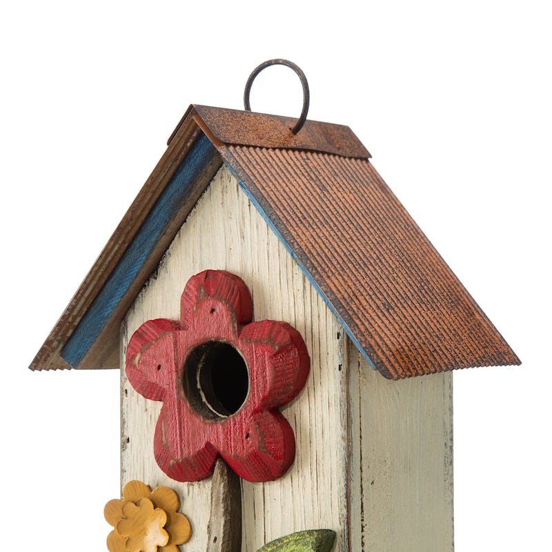 Glitzhome 10"H Multicolor Cute Distressed Solid Wood Birdhouse with 3D Flowers