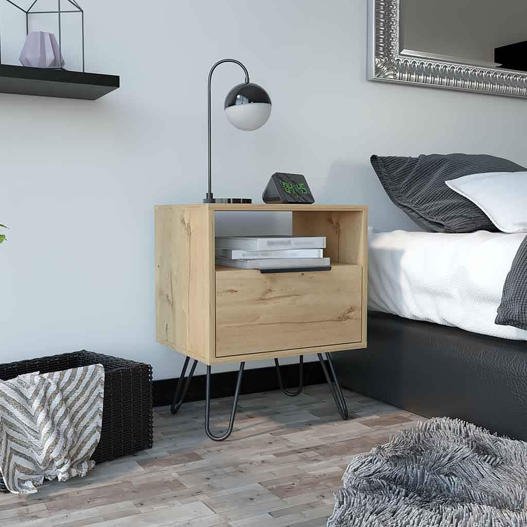 Single Drawer Nightstand with Hairpin Legs, Light Oak Finish