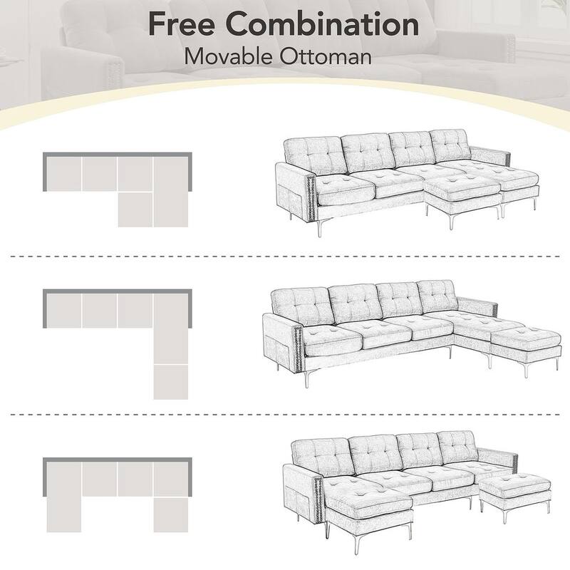 L-Shape Convertible Sectional Sofa Couch, Living Room Sectional with Movable Ottoman for Living Room, Apartment, Office
