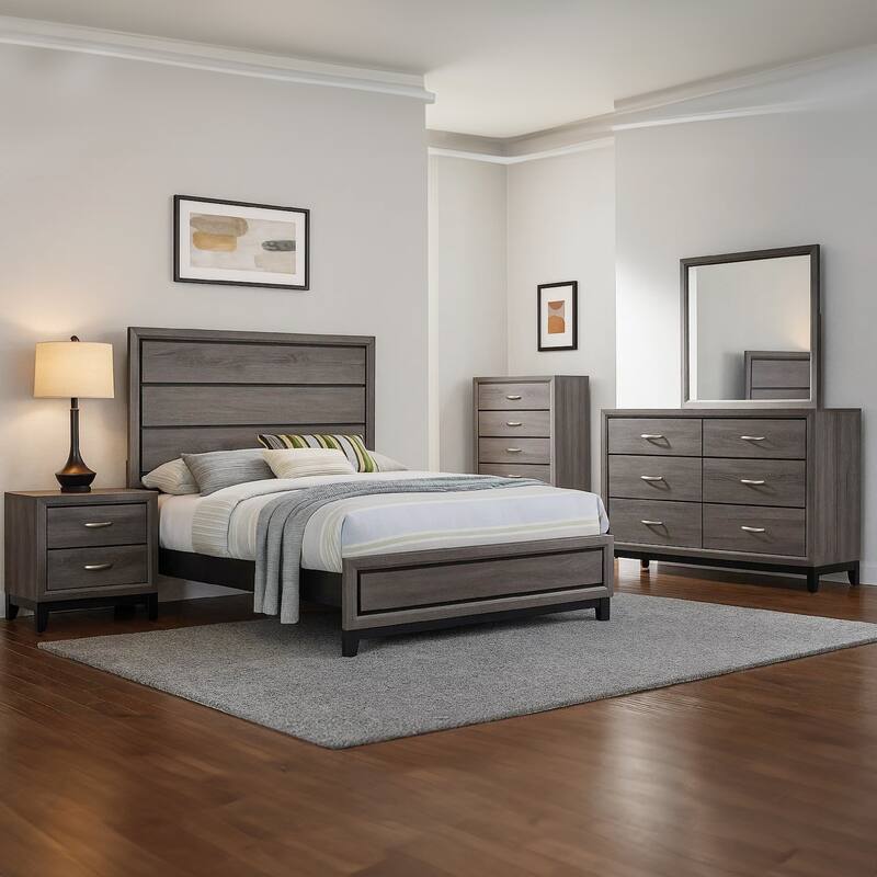 Mela 5pc Full Bed Set, Nightstand Dresser Chest and Mirror, Oak Gray