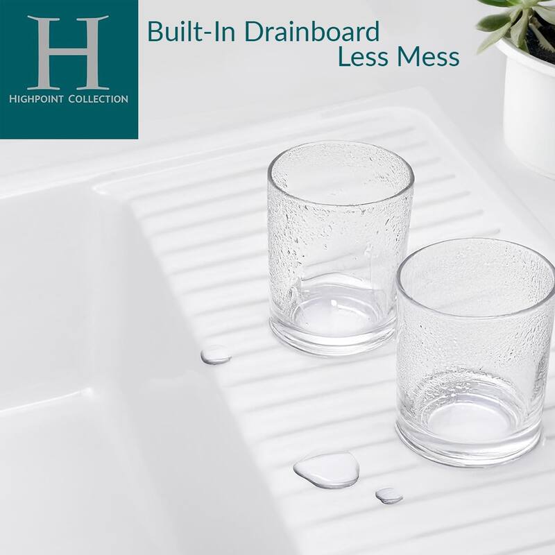 Highpoint Collection Fireclay Farmsink with Built In Drainboard - 36" x 20" x 10"