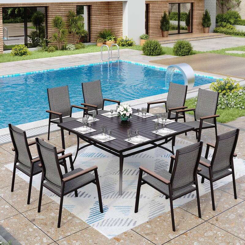 MAISON ARTS 9 Piece Patio Dining Set with 8 Stackable Textilene Chairs and 1 Metal Table - Grey