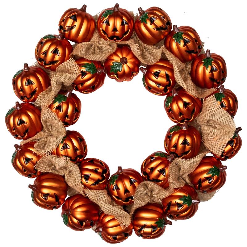 Jack-O-Lanterns with Burlap Ribbon Artificial Halloween Wreath - 20" - Unlit