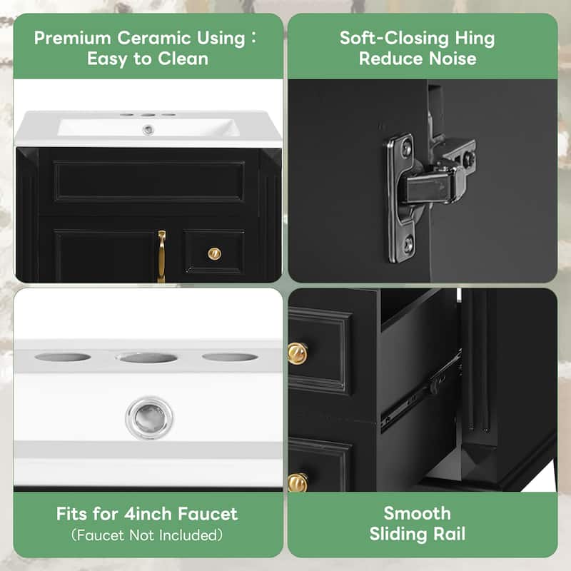 24" Freestanding Bathroom Vanity with White Integrated Ceramic Sink - 24'' x 18.3'' x 34''