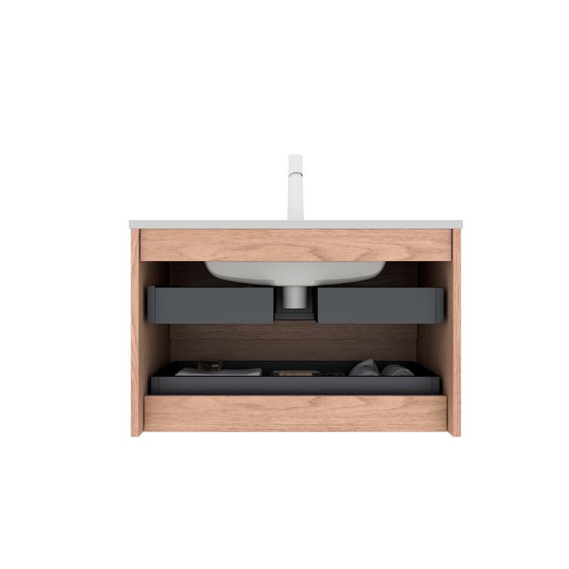 29" Bathroom Vanity with Premium Glossy White Ceramic Sink, Corolla Oak Grain Cabinet, Large Storage Drawers