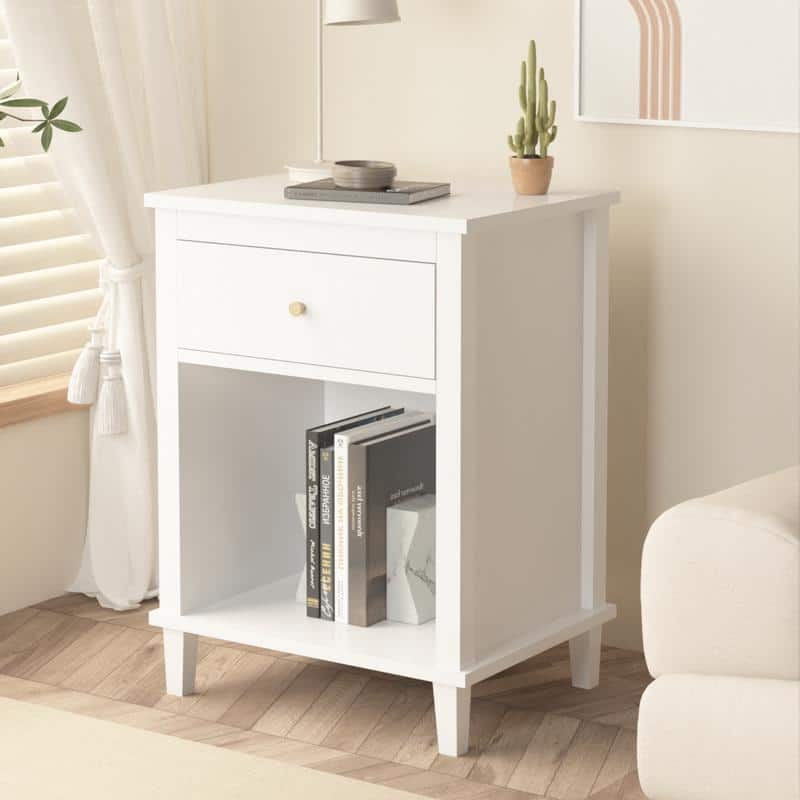 26.77''H Wooden Nightstand with One Drawer One Shelf for Kids - White