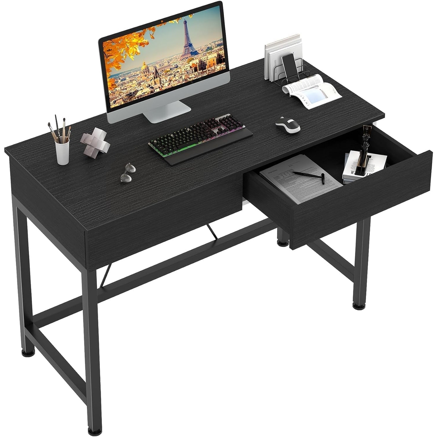 Compact 39.4 Inch Wooden Computer Desk with Storage Drawers, Ideal for Small Spaces, Home Office, Study, or Bedroom