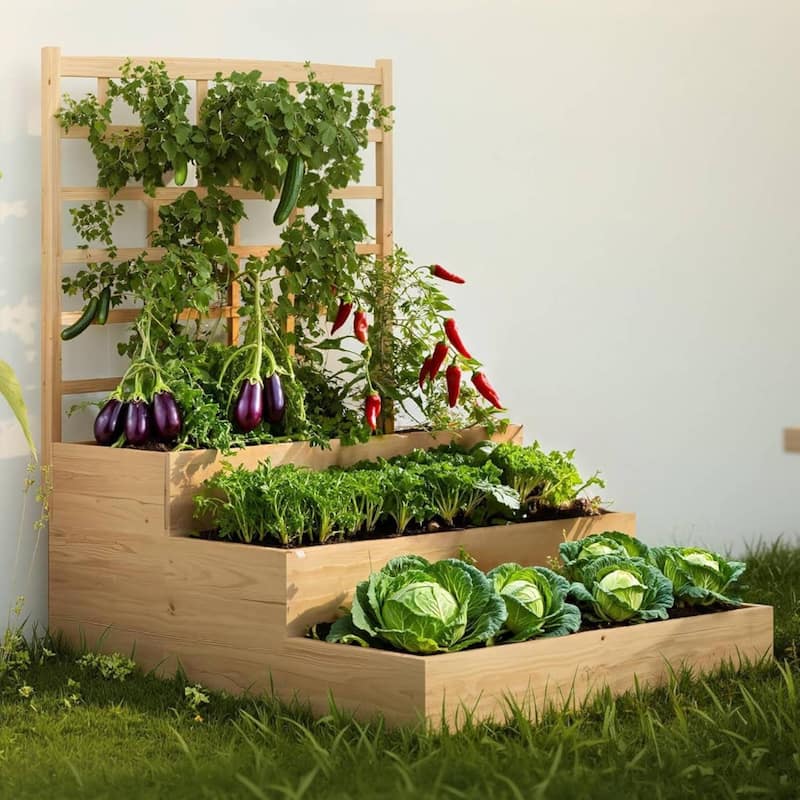 3-Tier Raised Bed, Garden Planter Box with Climbing Trellis - 1 PC