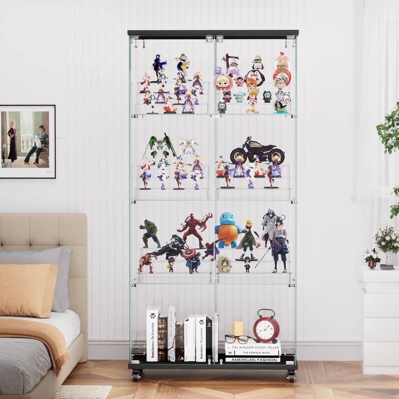 4 Tier Glass Display Cabinet, Double Door Glass Cabinet with Two Locks, Floor Standing Storage Cabinet with 6 Acrylic Shelves