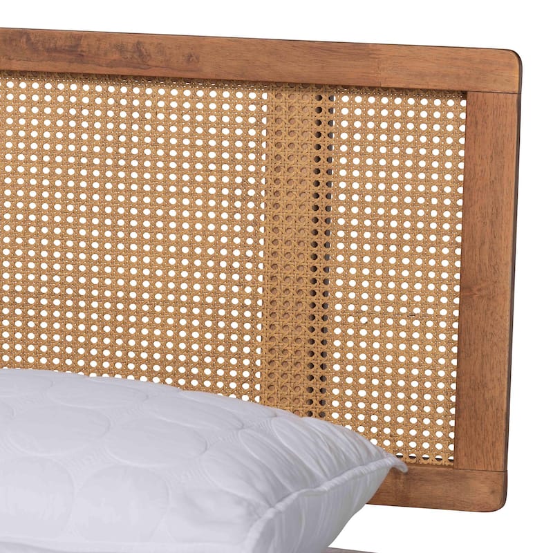 Nura Mid-Century Modern Walnut Brown Finished Wood and Rattan 3-Piece/4-Piece/5-Piece Bedroom Set (Multiple Bed Sizes)