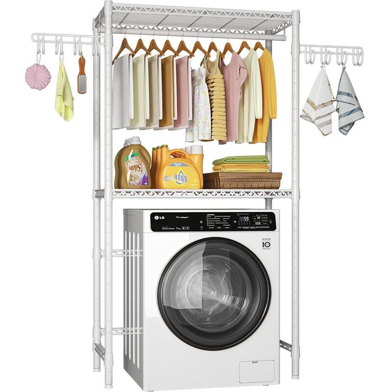 Laundry Room Storage Rack - 13.4"D x 35"W x 77.3"H - White