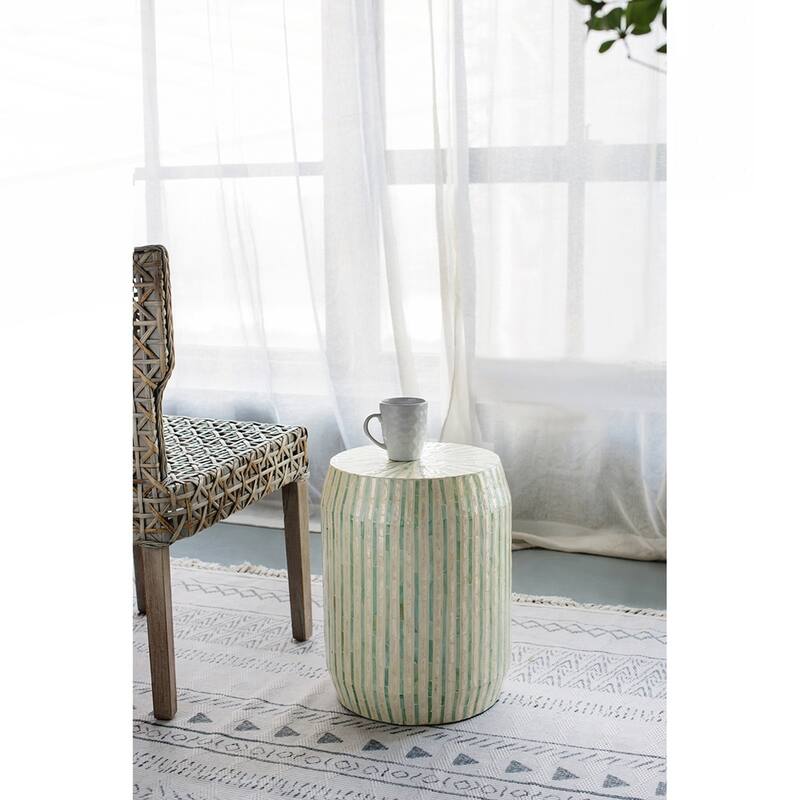 Cream and Green Cylinder Accent Stool with Striped Pattern