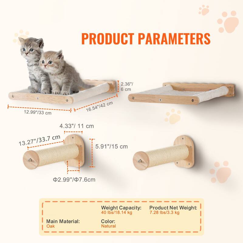 Oak Cat Wall Shelf with Hammocks & Jump Posts, Space-Saving Design
