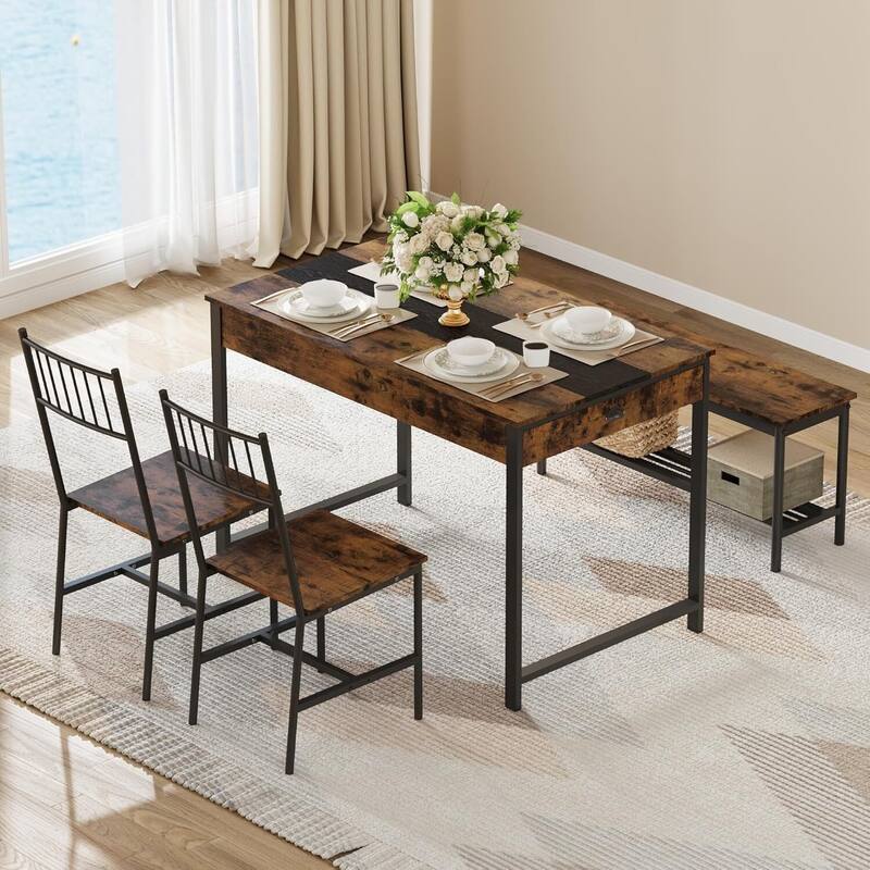 Space Saving Kitchen Dining Table Set with Bench and 2 Chairs and Storage Drawers
