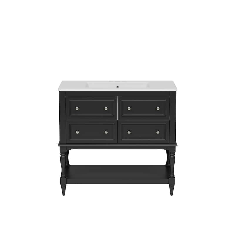 Free Standing Bathroom Vanity Cabinet with Sink, 4 Drawers, Solid Wood Frame, Silver Metal Knobs and Large Open Storage Shelf
