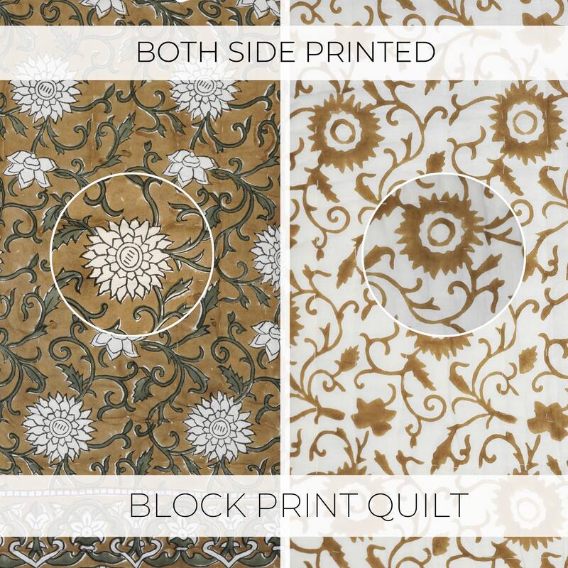 Fabdivine Luxury Hand Block Print Cotton Quilt Floral Boho Bedding for Bedroom & Sofa, Mustard, Handmade Reversible Bedspread